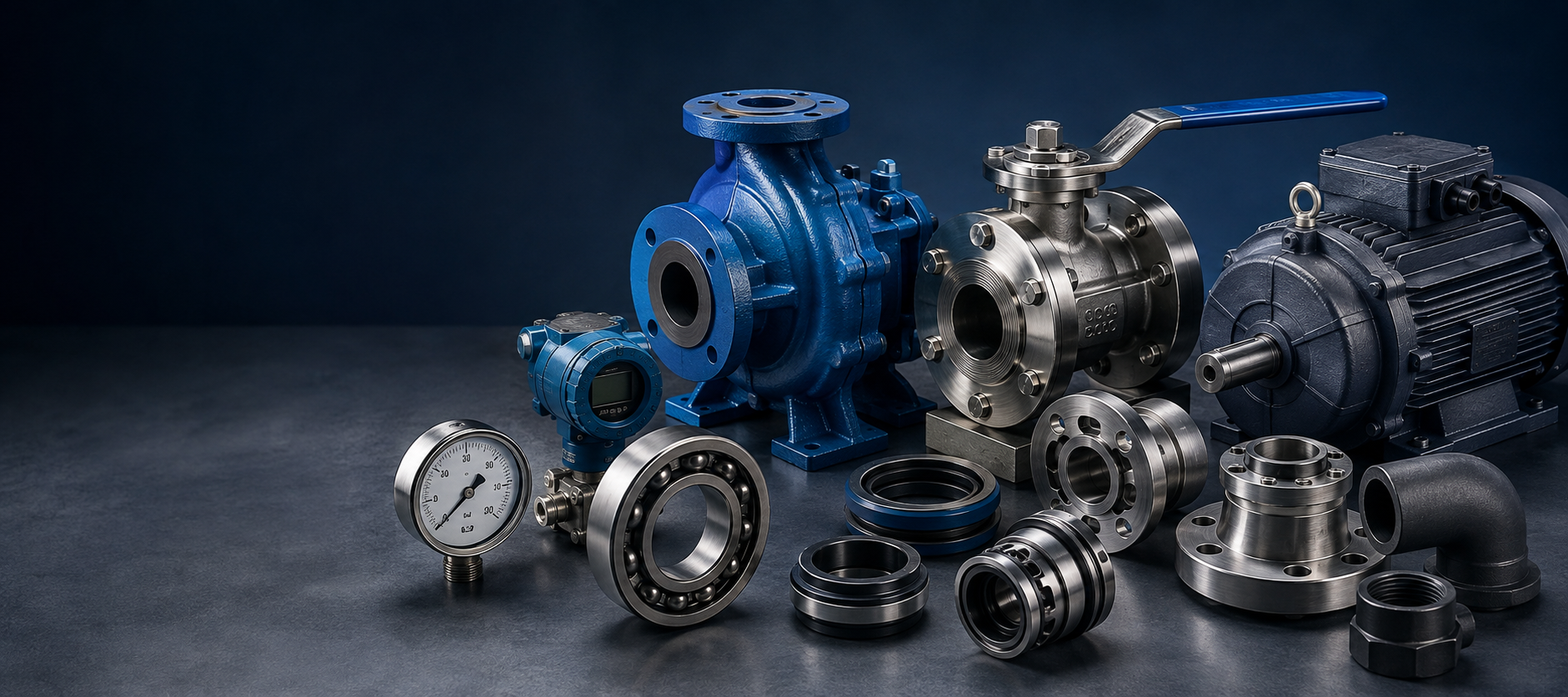 Bomba centrífuga, válvula de bola, motor eléctrico, rodamiento, manómetro y bridas industriales sobre fondo azul oscuro