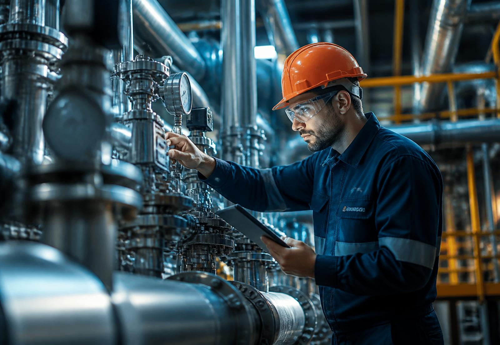 Planta industrial con tuberías de vapor y técnico de mantenimiento revisando componentes